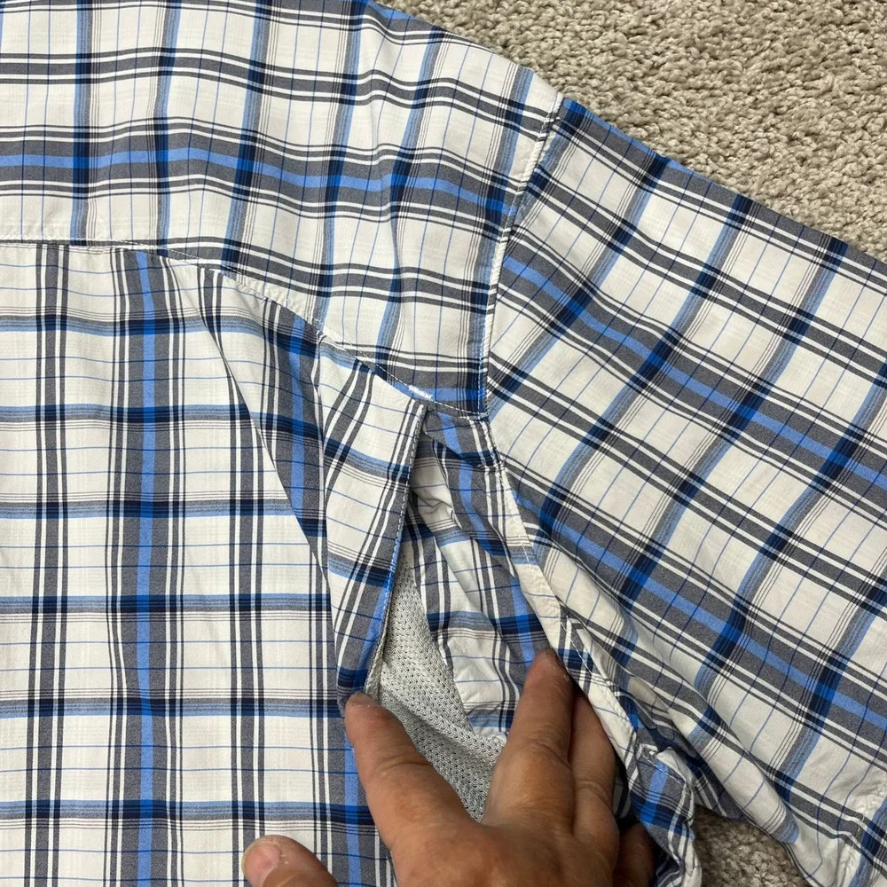 The North Face Button Down Shirt Mens XXL Blue White Plaid Short Sleeve Vented